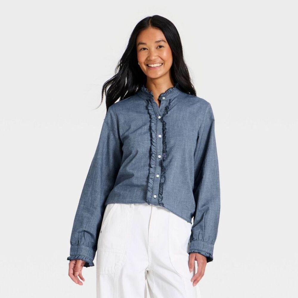 Women's Ruffle Long Sleeve Button-Up Ruff Collared Neck Blouse - Chambray XS